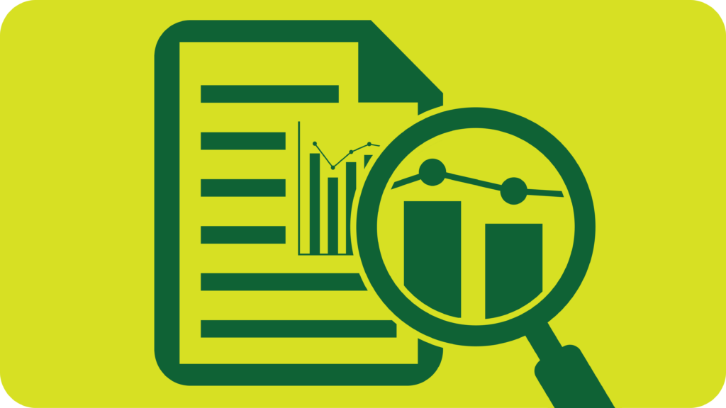 Icon of magnifying glass over paper with chart on it