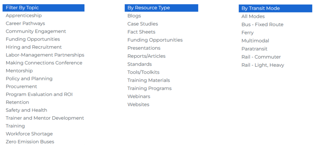 Showing filters on resource center by topic, resource type, transit mode