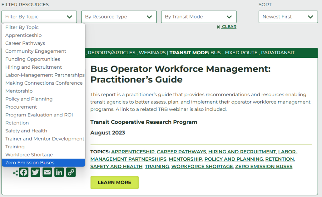 Using dropdown menu to find zero-emission bus filter